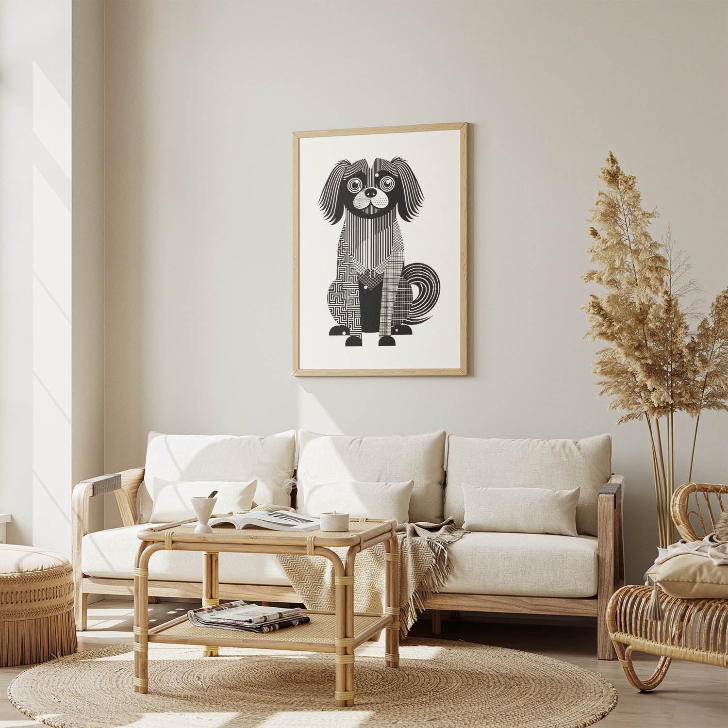 Tibetan Spaniel Geometric Line Art Print - Framed Mockup