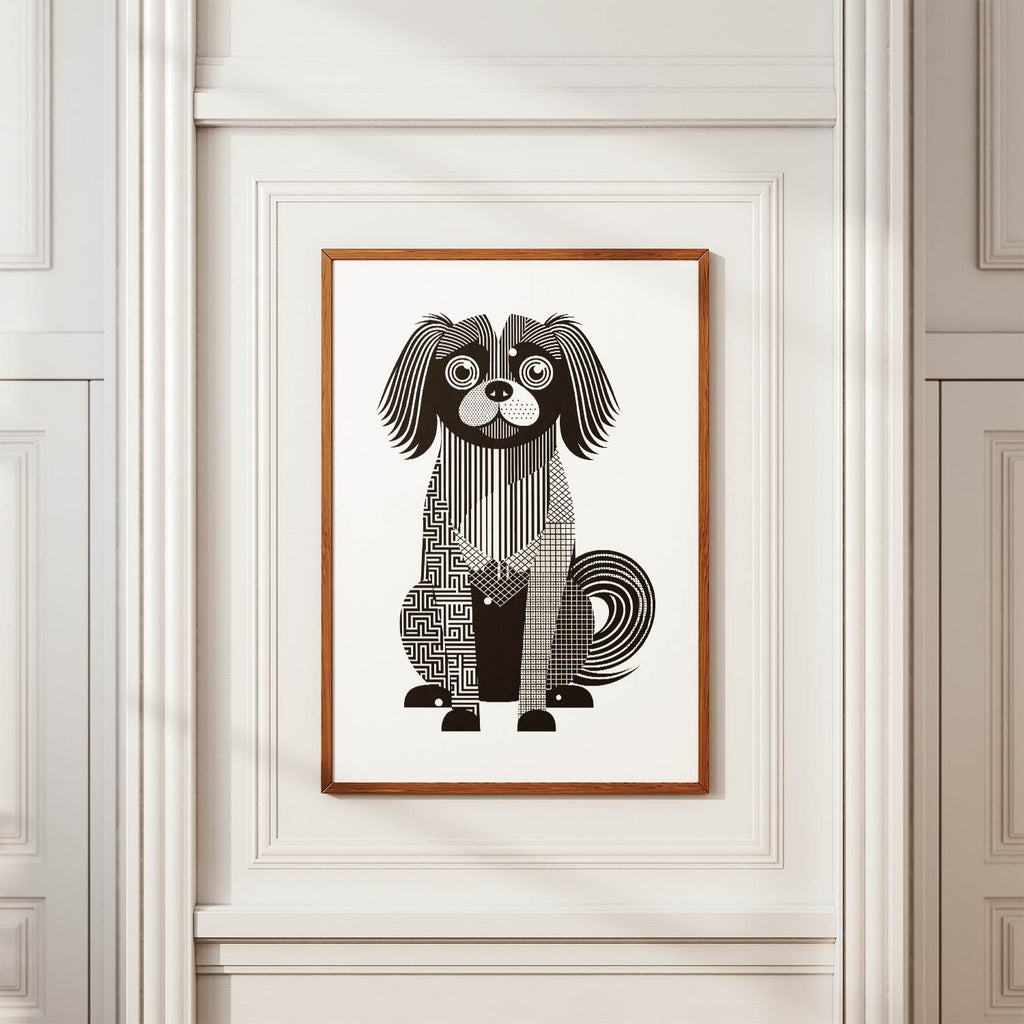 Tibetan Spaniel Geometric Line Art Print - Framed Mockup