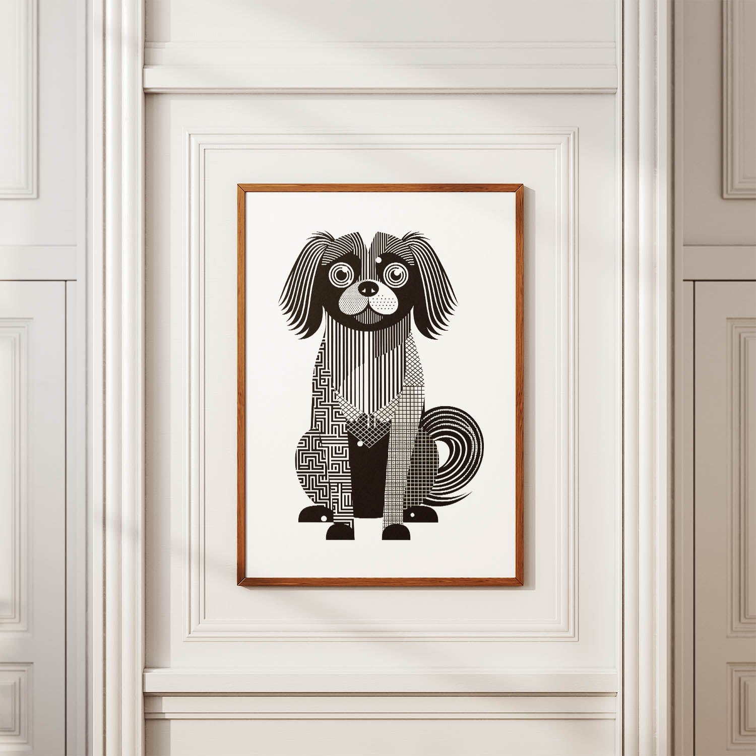 Tibetan Spaniel Geometric Line Art Print - Framed Mockup