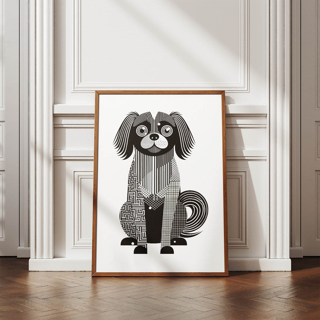 Tibetan Spaniel Geometric Line Art Print - Framed Mockup
