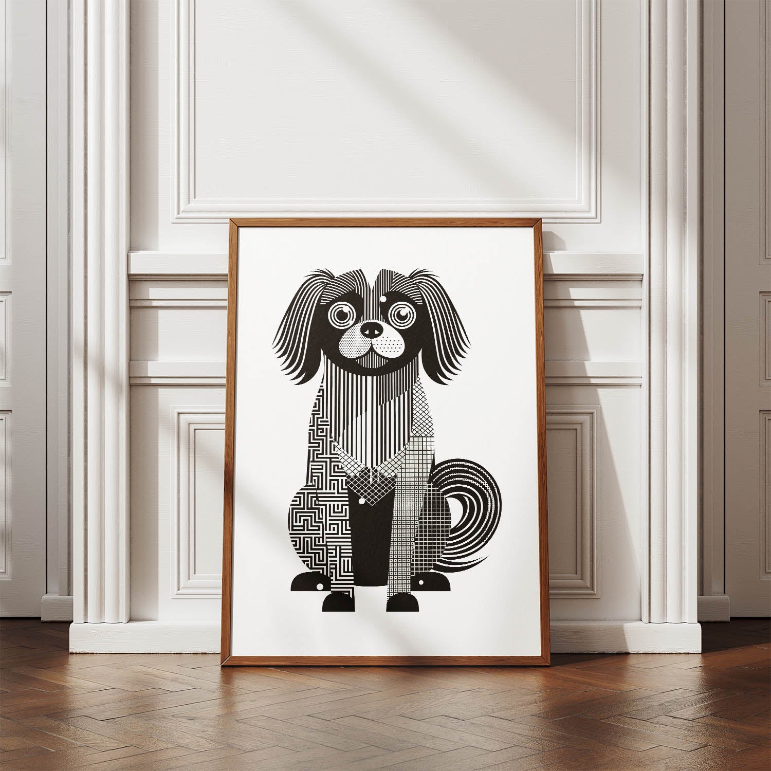 Tibetan Spaniel Geometric Line Art Print - Framed Mockup