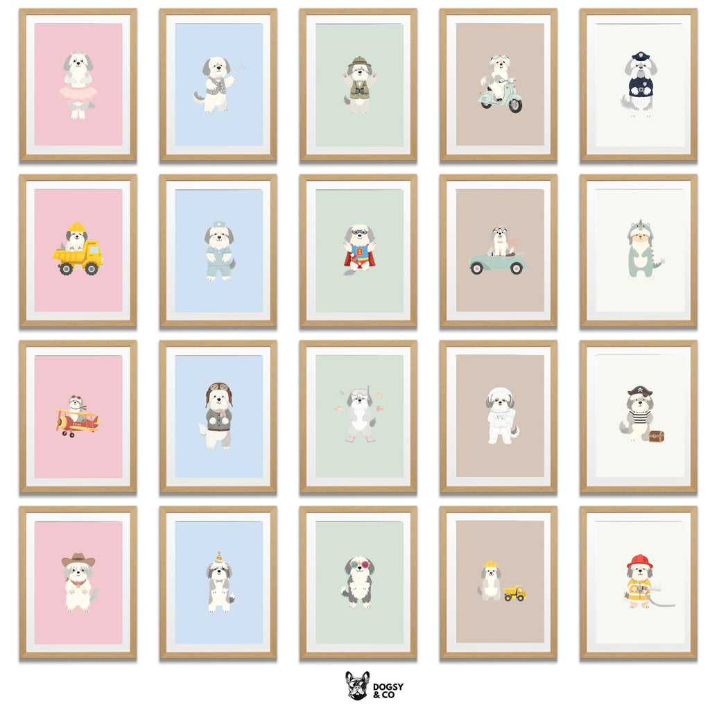 Tibetan Terrier Kids Nursery Wall Art Print Bundle — 22 Dog Costume Designs, 5 Colours, 6 Print Sizes | Digital Download
