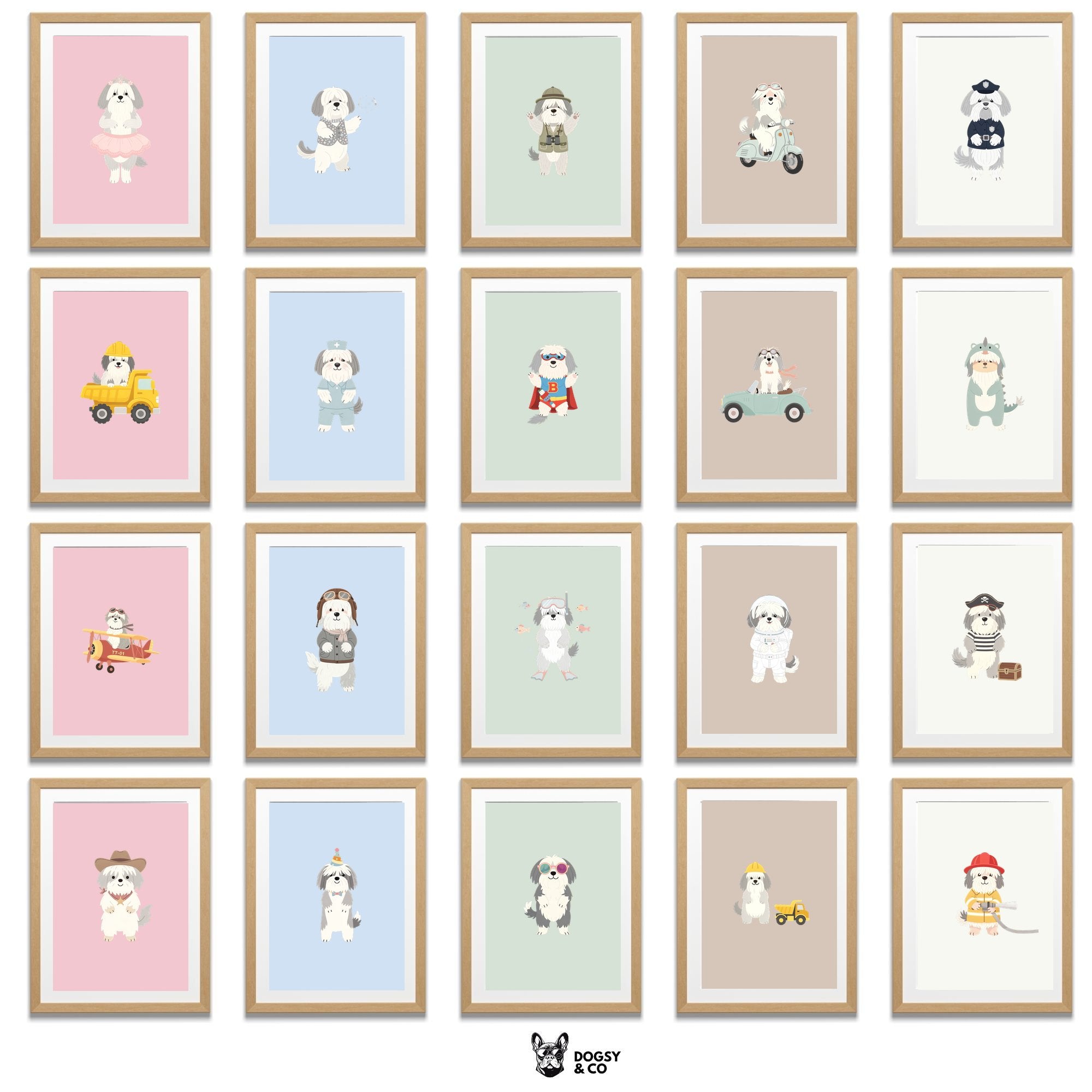 Tibetan Terrier Kids Nursery Wall Art Print Bundle — 22 Dog Costume Designs, 5 Colours, 6 Print Sizes | Digital Download