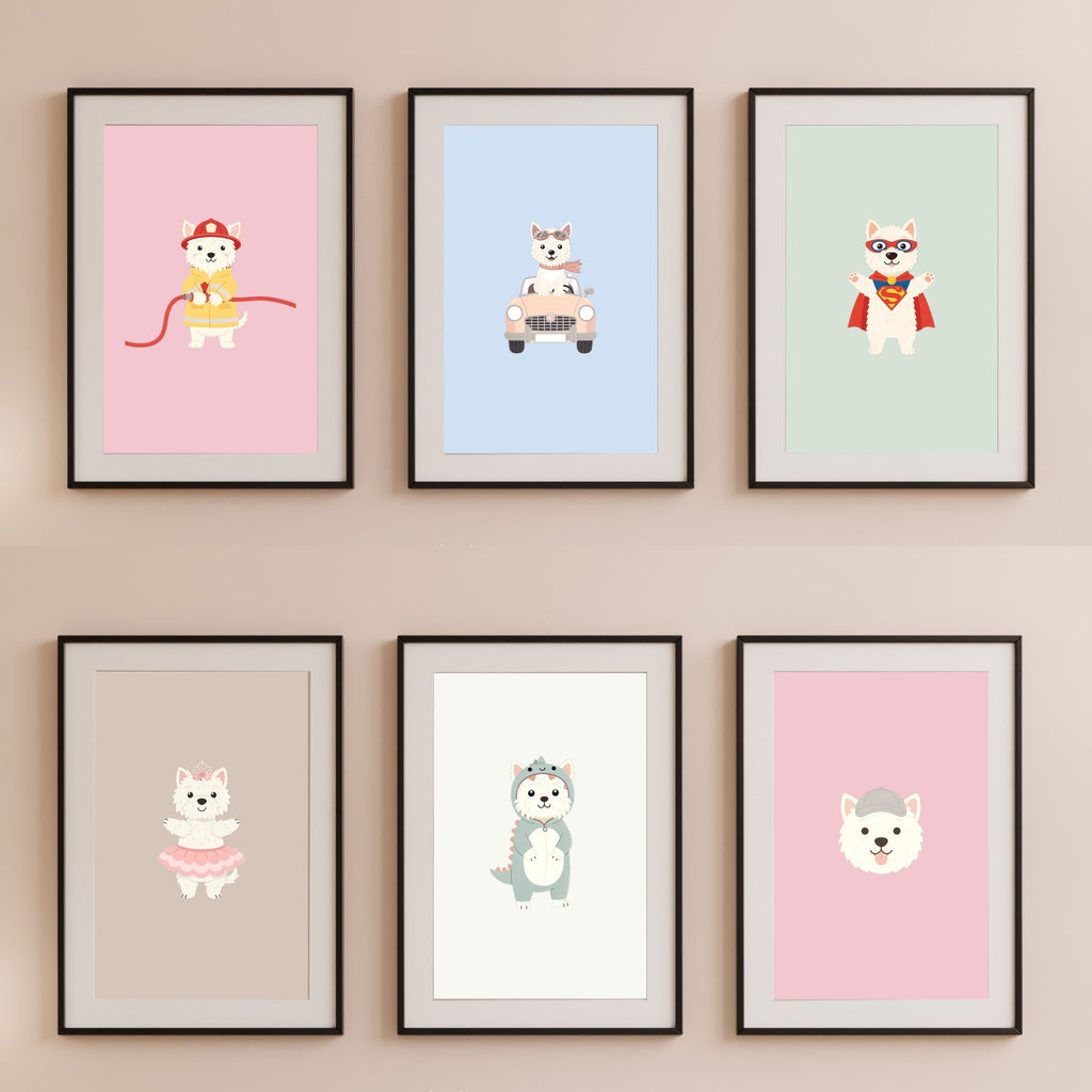 West Highland White Terrier Kids Nursery Wall Art Print Bundle — 22 Dog Costume Designs, 5 Colours, 6 Print Sizes | Digital Download