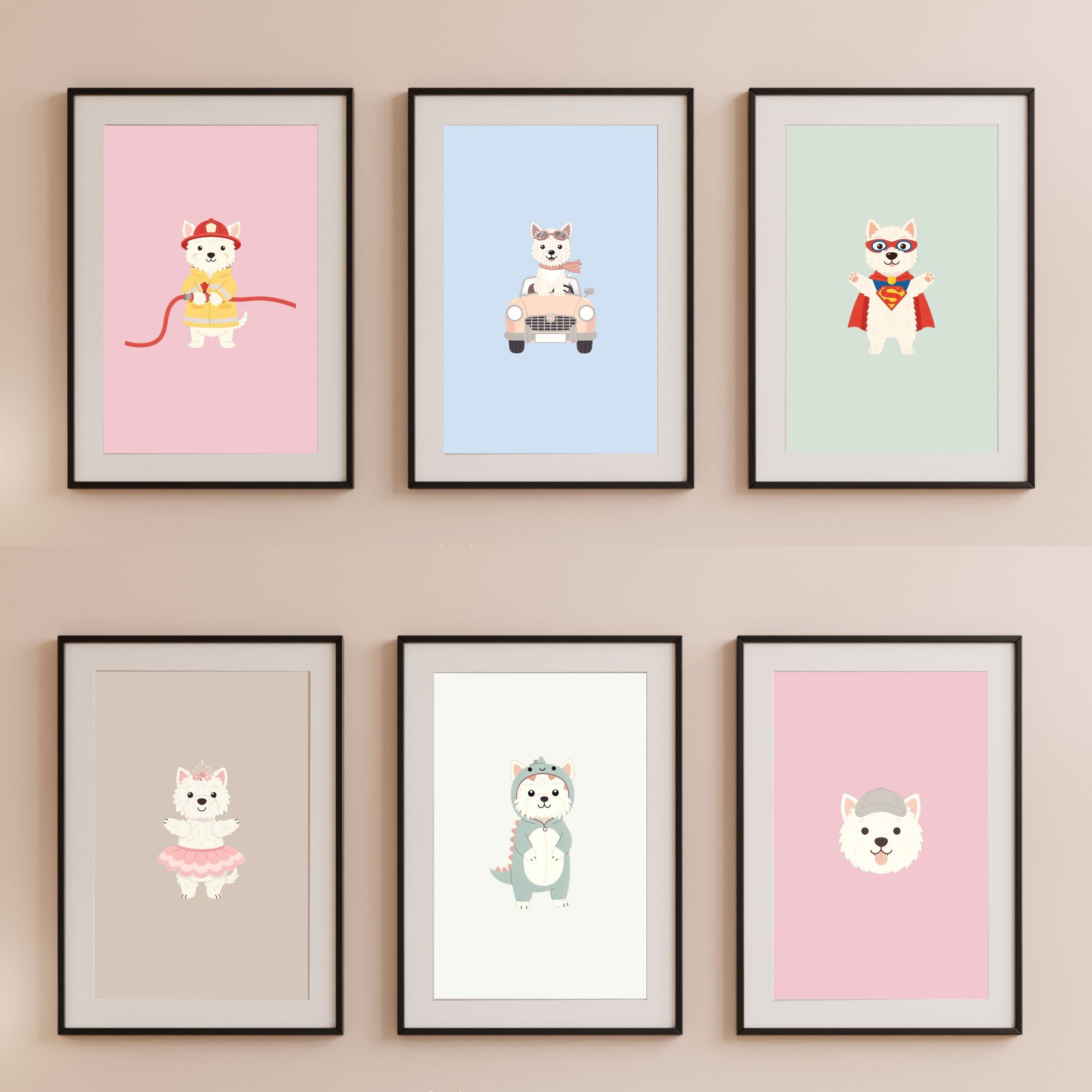 West Highland White Terrier Kids Nursery Wall Art Print Bundle — 22 Dog Costume Designs, 5 Colours, 6 Print Sizes | Digital Download