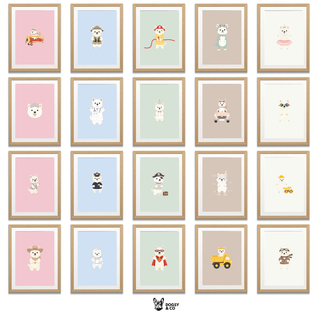 West Highland White Terrier Kids Nursery Wall Art Print Bundle — 22 Dog Costume Designs, 5 Colours, 6 Print Sizes | Digital Download