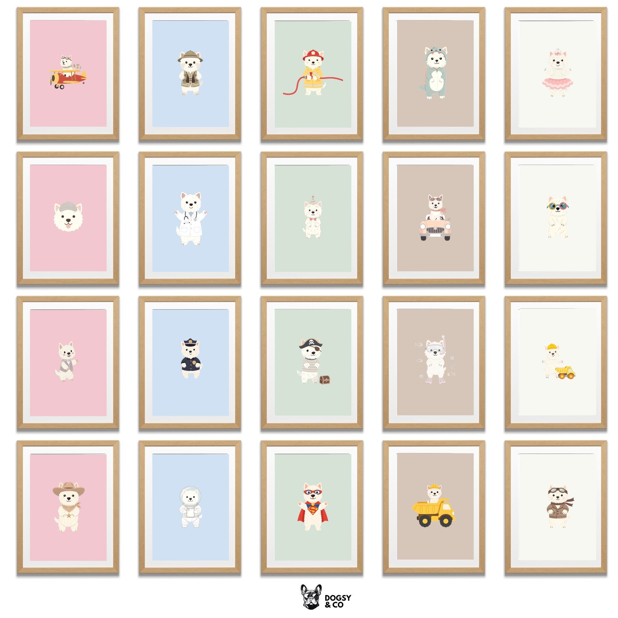 West Highland White Terrier Kids Nursery Wall Art Print Bundle — 22 Dog Costume Designs, 5 Colours, 6 Print Sizes | Digital Download