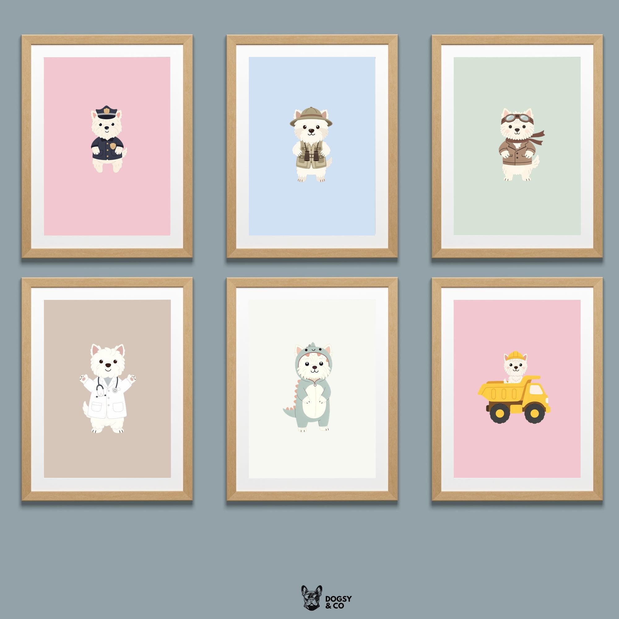 West Highland White Terrier Kids Nursery Wall Art Print Bundle — 22 Dog Costume Designs, 5 Colours, 6 Print Sizes | Digital Download