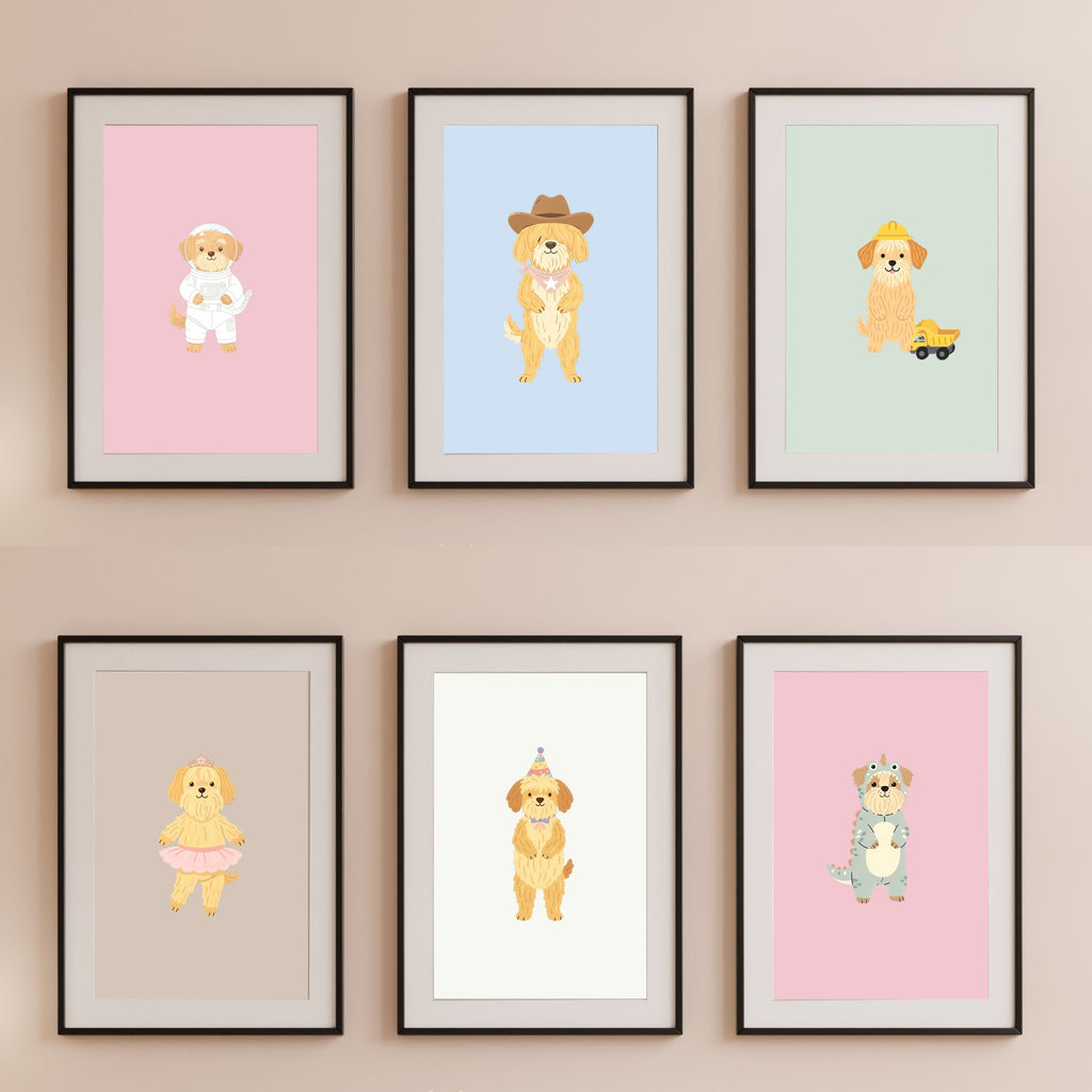 Wheaten Terrier Kids Nursery Wall Art Print Bundle — 22 Dog Costume Designs, 5 Colours, 6 Print Sizes | Digital Download