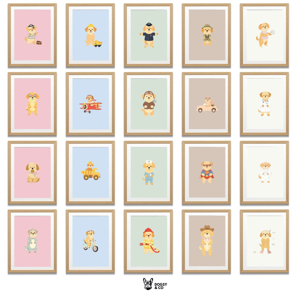 Wheaten Terrier Kids Nursery Wall Art Print Bundle — 22 Dog Costume Designs, 5 Colours, 6 Print Sizes | Digital Download