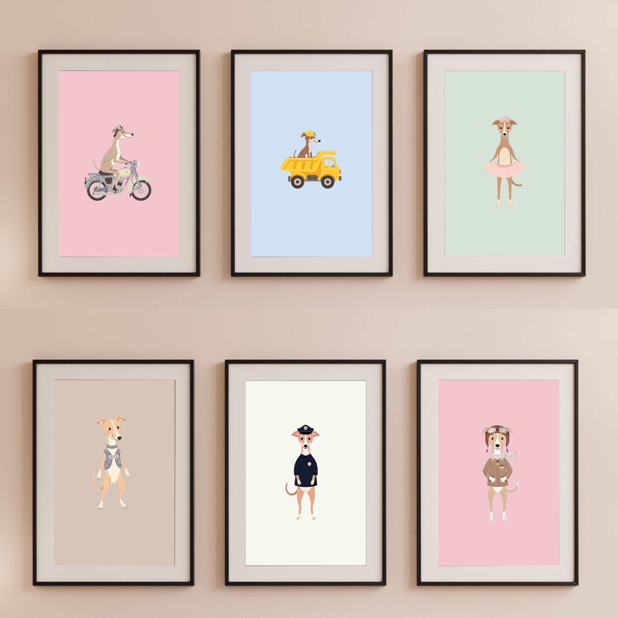 Whippet Kids Nursery Wall Art Print Bundle — 22 Dog Costume Designs, 5 Colours, 6 Print Sizes | Digital Download