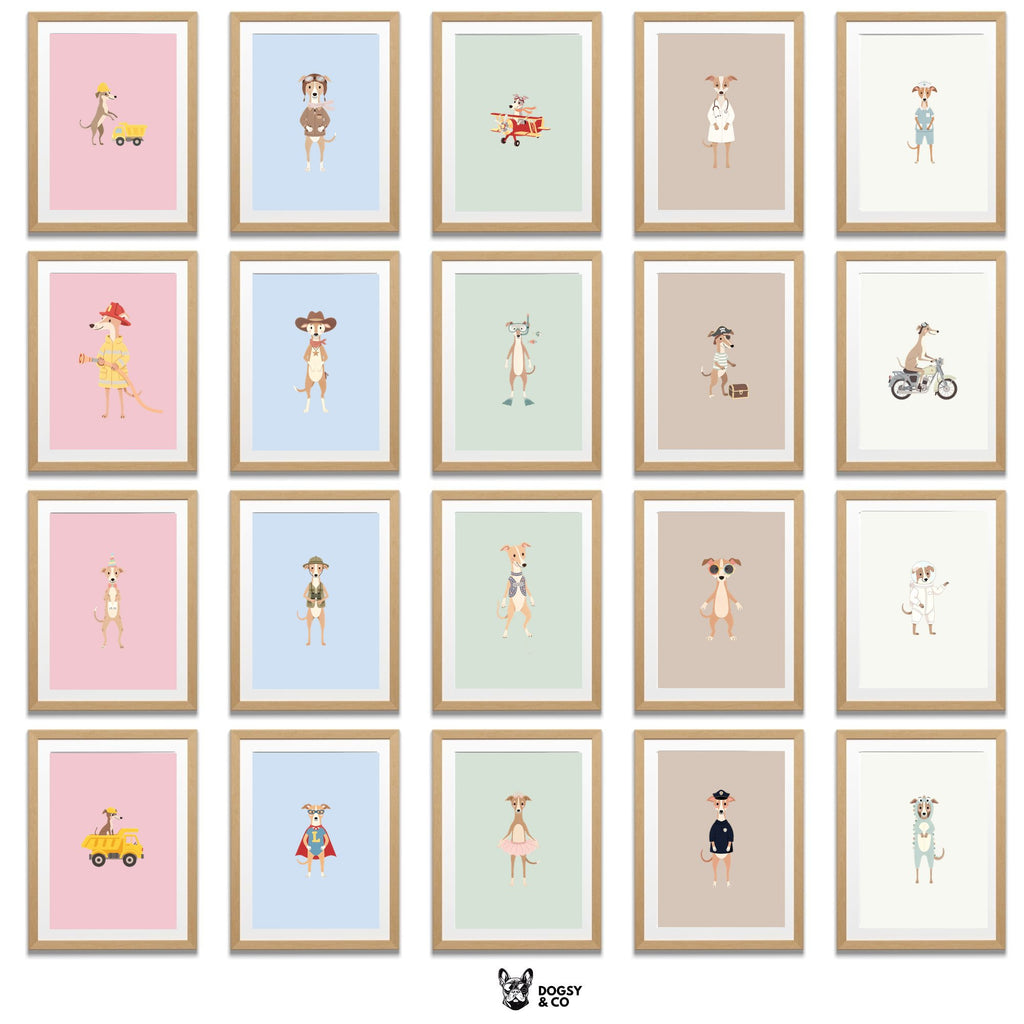 Whippet Kids Nursery Wall Art Print Bundle — 22 Dog Costume Designs, 5 Colours, 6 Print Sizes | Digital Download