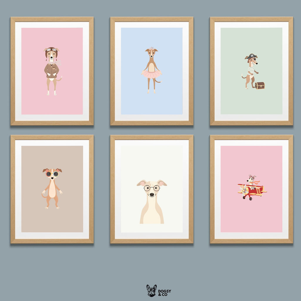 Whippet Kids Nursery Wall Art Print Bundle — 22 Dog Costume Designs, 5 Colours, 6 Print Sizes | Digital Download