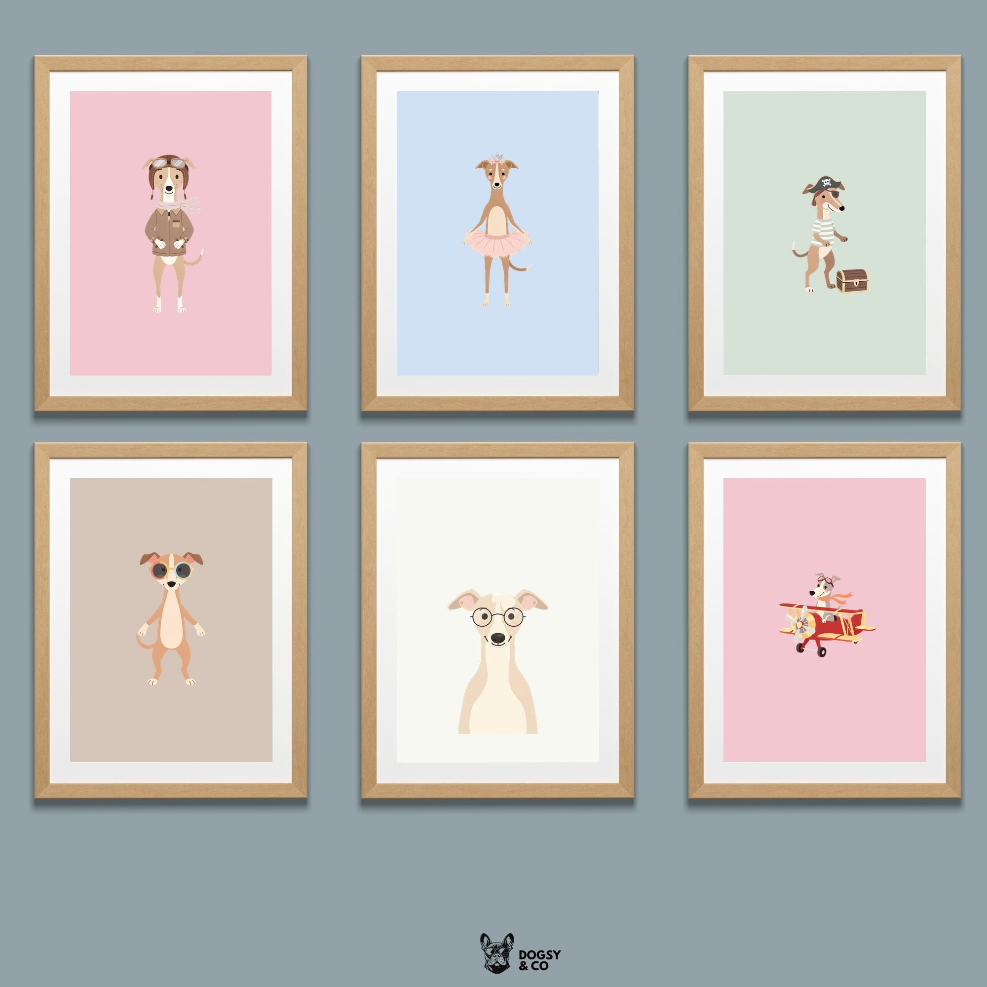 Whippet Kids Nursery Wall Art Print Bundle — 22 Dog Costume Designs, 5 Colours, 6 Print Sizes | Digital Download