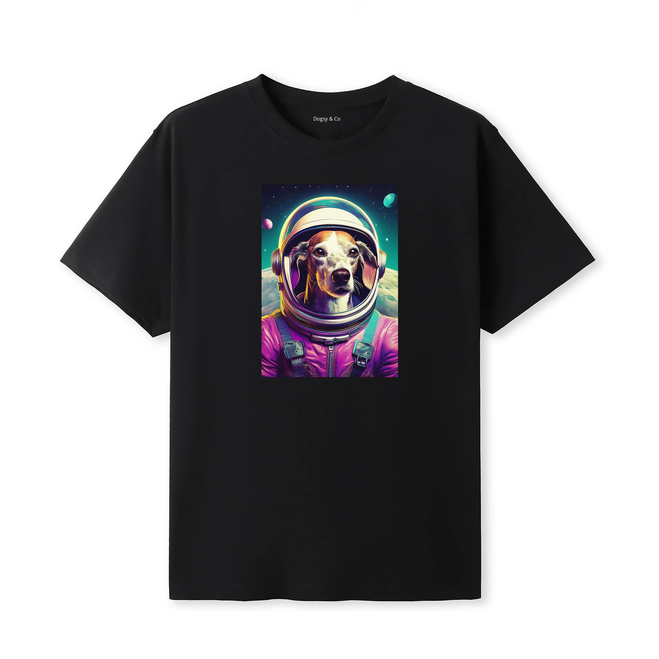 Whippet Space Dogs T-Shirt colourful astronaut dog artwork in a retro space design