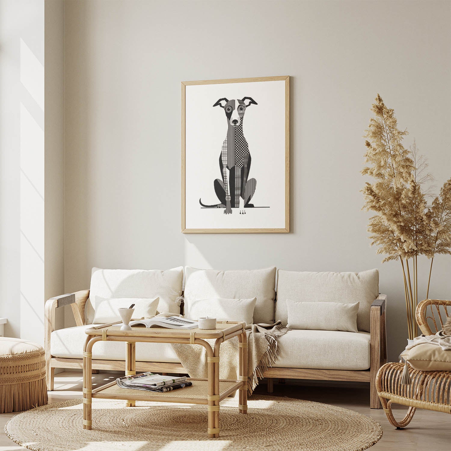 Whippet Geometric Line Art Print - Framed Mockup