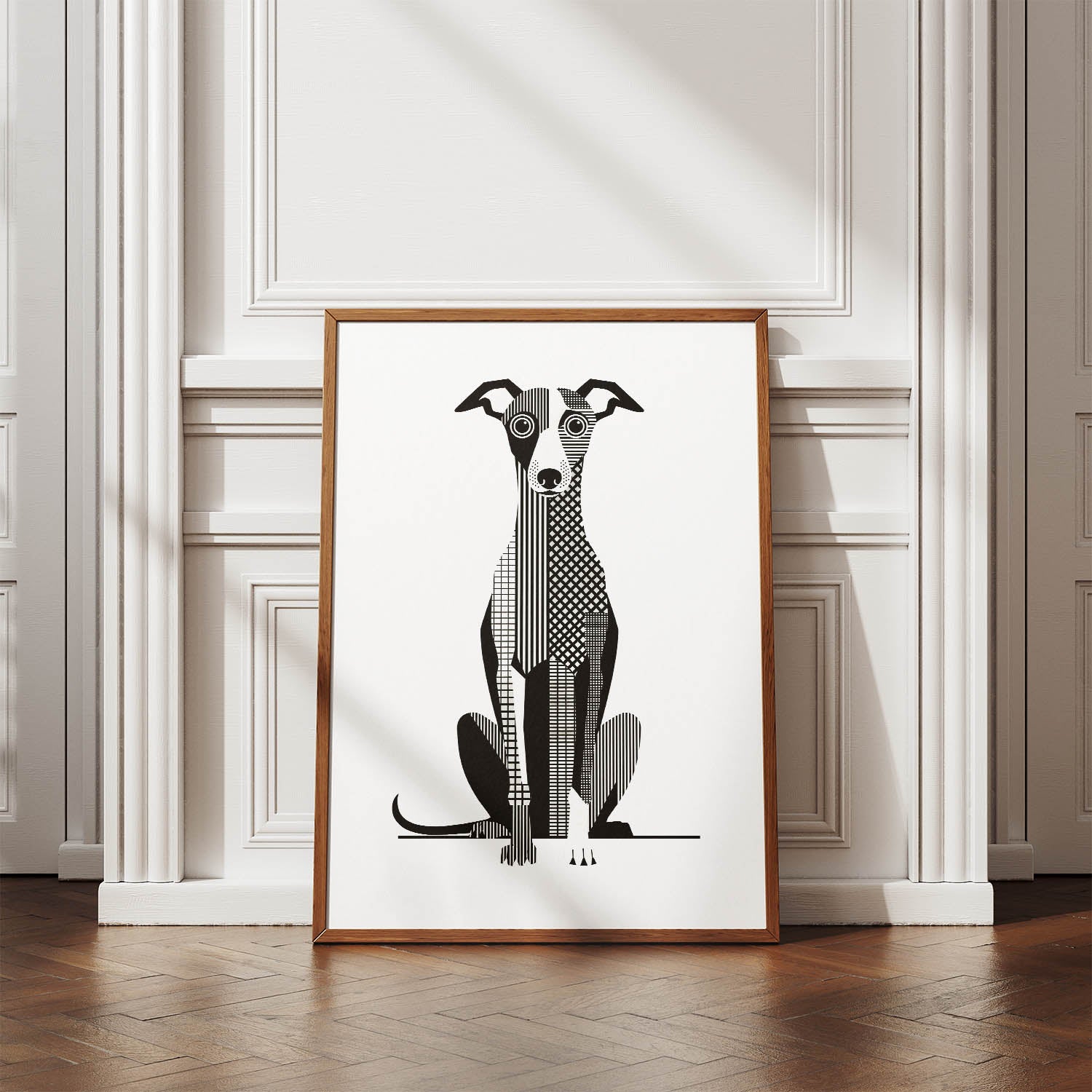 Whippet Geometric Line Art Print - Framed Mockup