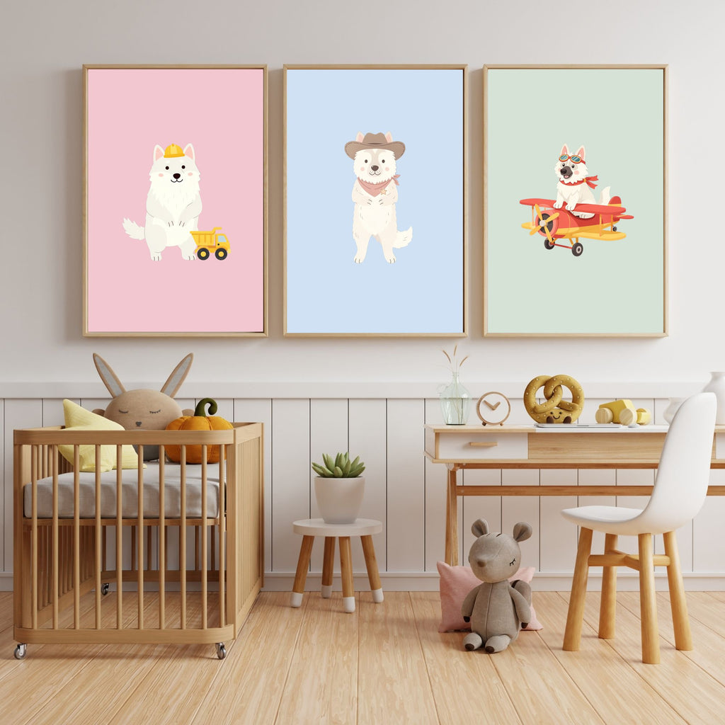 White Swiss Shepherd Kids Nursery Wall Art Print Bundle — 22 Dog Costume Designs, 5 Colours, 6 Print Sizes | Digital Download