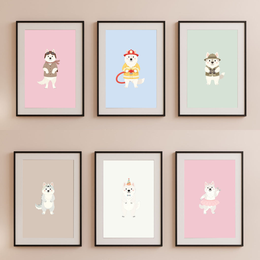 White Swiss Shepherd Kids Nursery Wall Art Print Bundle — 22 Dog Costume Designs, 5 Colours, 6 Print Sizes | Digital Download