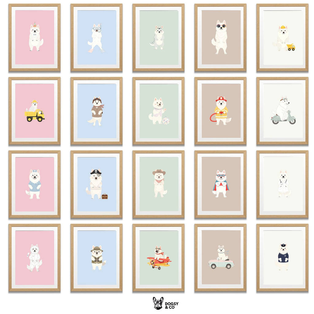 White Swiss Shepherd Kids Nursery Wall Art Print Bundle — 22 Dog Costume Designs, 5 Colours, 6 Print Sizes | Digital Download