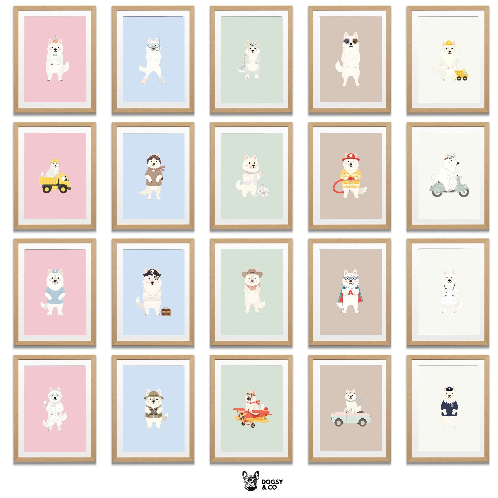 White Swiss Shepherd Kids Nursery Wall Art Print Bundle — 22 Dog Costume Designs, 5 Colours, 6 Print Sizes | Digital Download