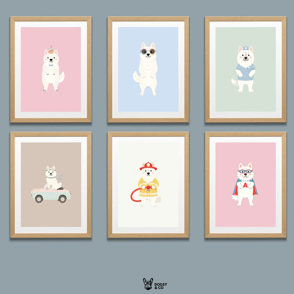 White Swiss Shepherd Kids Nursery Wall Art Print Bundle — 22 Dog Costume Designs, 5 Colours, 6 Print Sizes | Digital Download