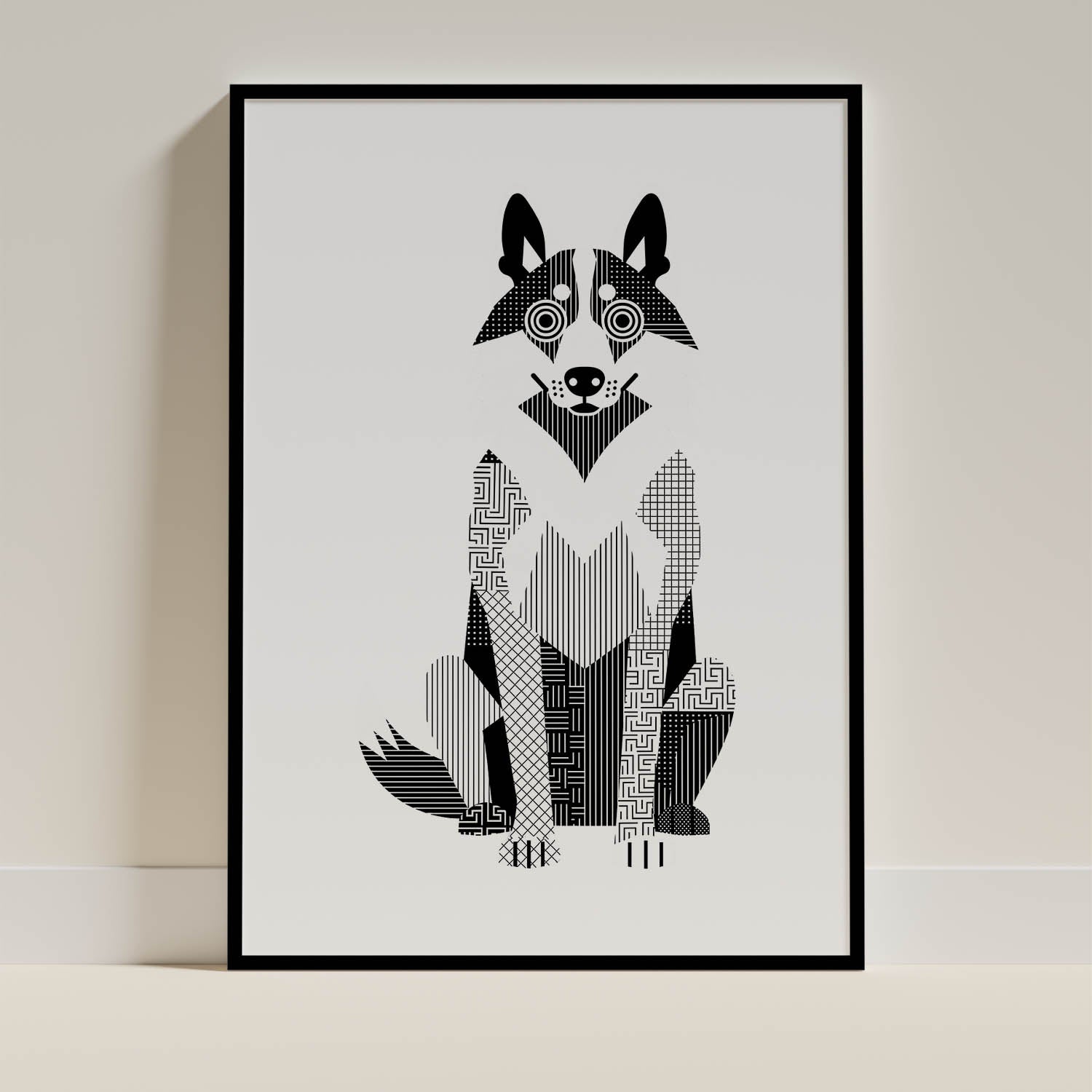 White Swiss Shepherd Geometric Line Art Print - Framed Mockup
