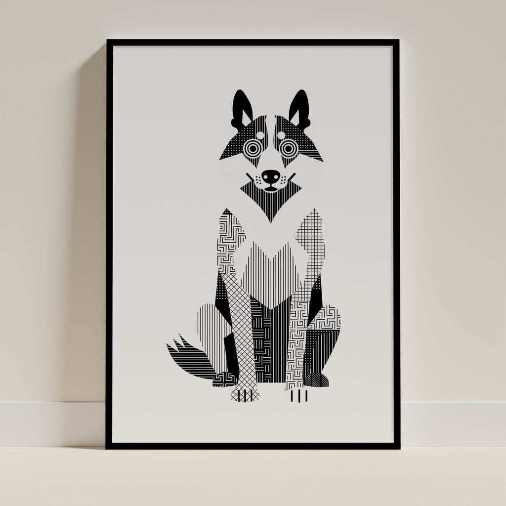 White Swiss Shepherd Geometric Line Art - Black Frame Mockup