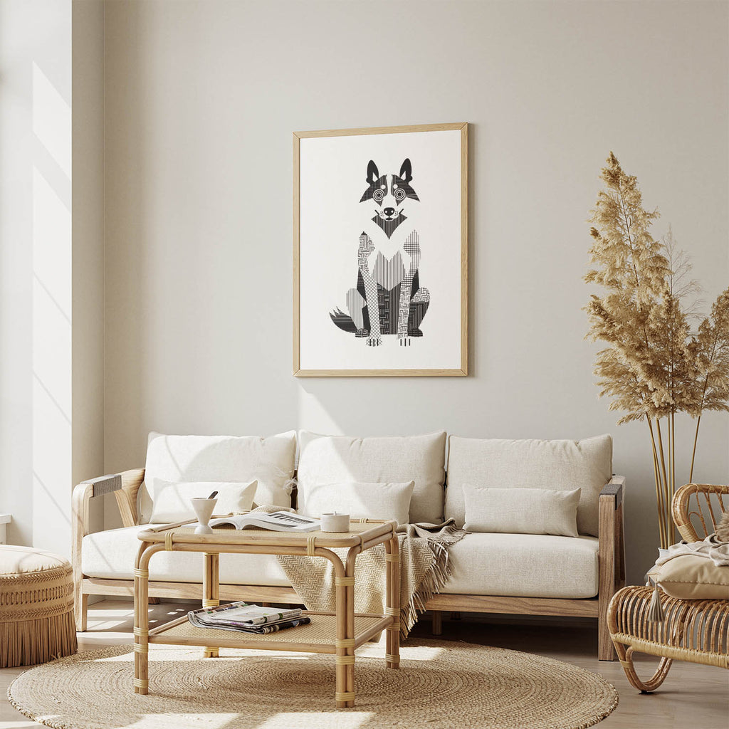 White Swiss Shepherd Geometric Line Art Print - Framed Mockup