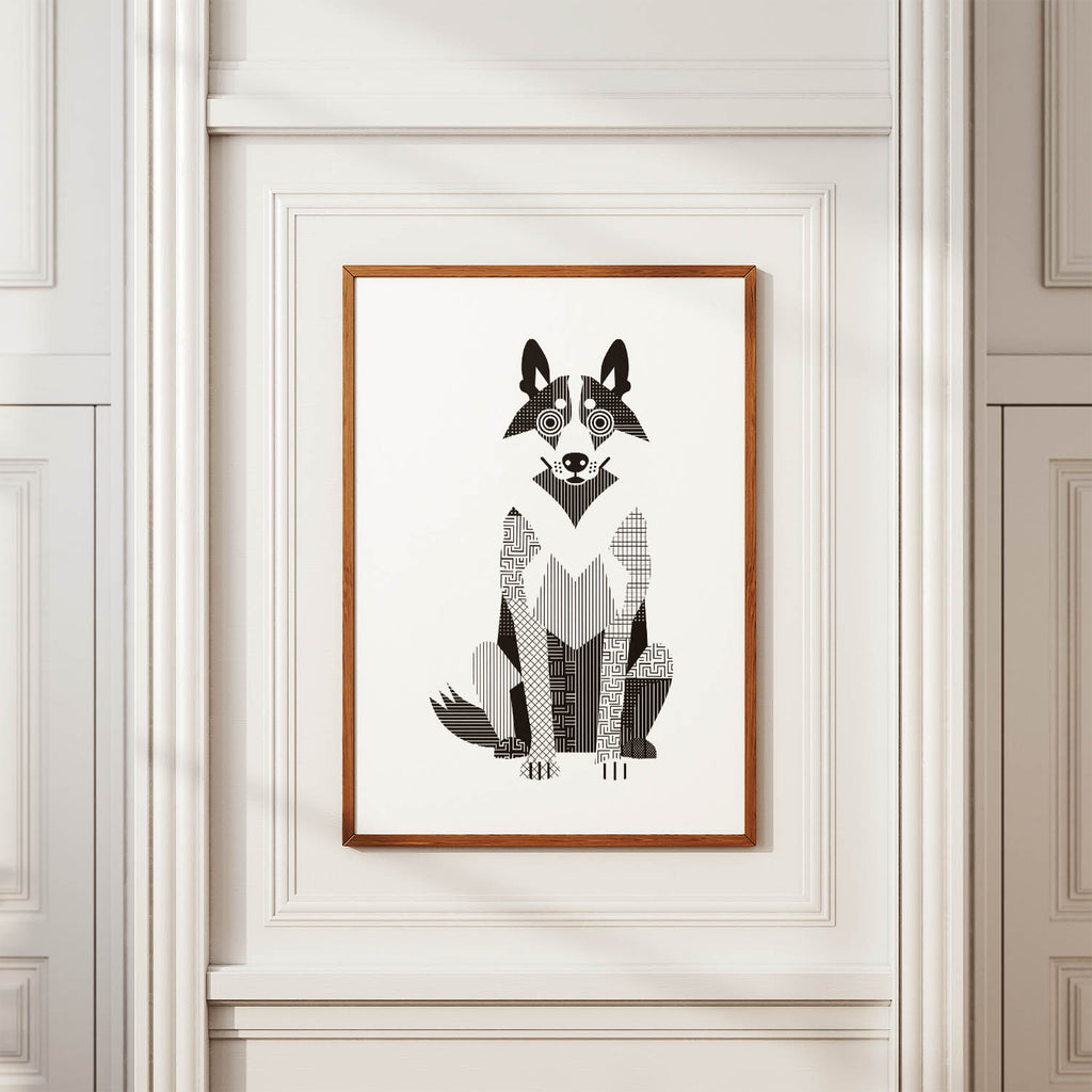 White Swiss Shepherd Geometric Line Art Print - Framed Mockup
