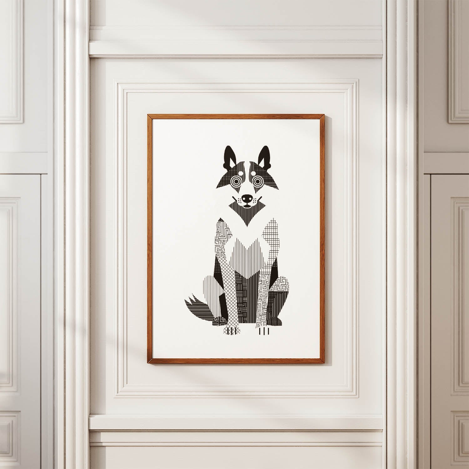 White Swiss Shepherd Geometric Line Art Print - Framed Mockup