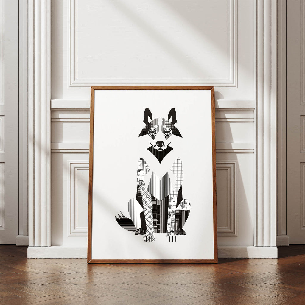 White Swiss Shepherd Geometric Line Art Print - Framed Mockup