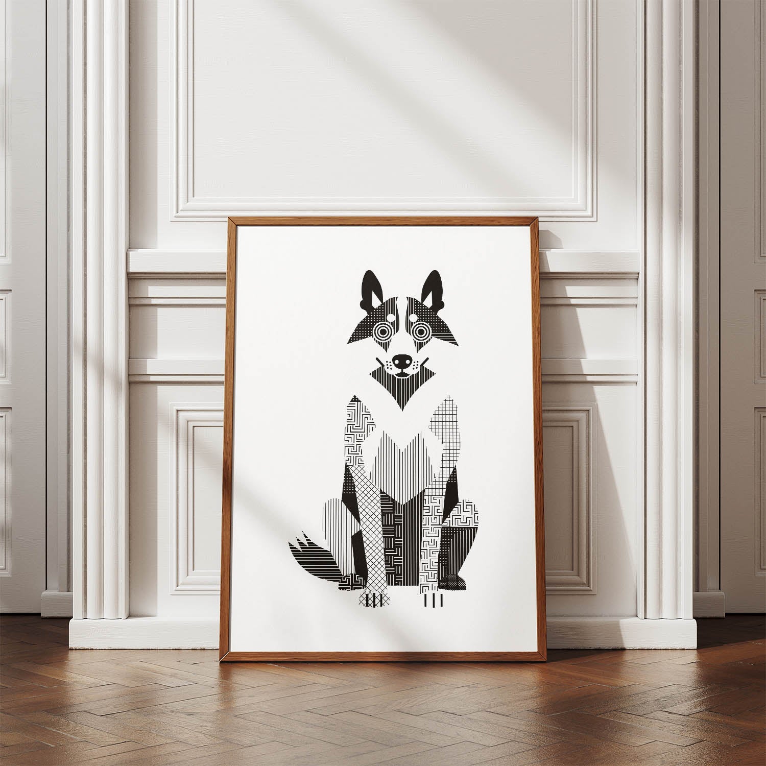 White Swiss Shepherd Geometric Line Art Print - Framed Mockup