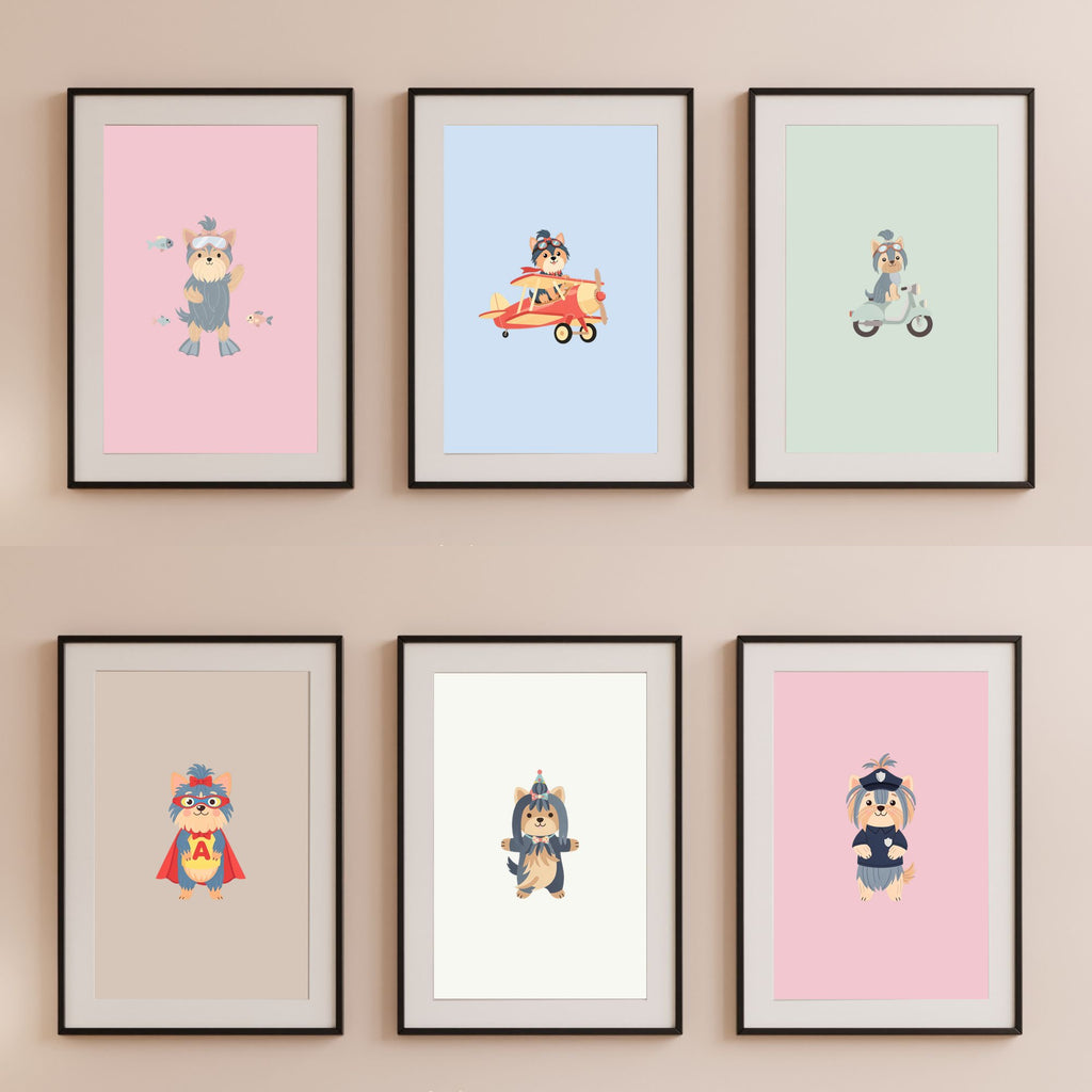 Yorkshire Terrier Kids Nursery Wall Art Print Bundle — 22 Dog Costume Designs, 5 Colours, 6 Print Sizes | Digital Download