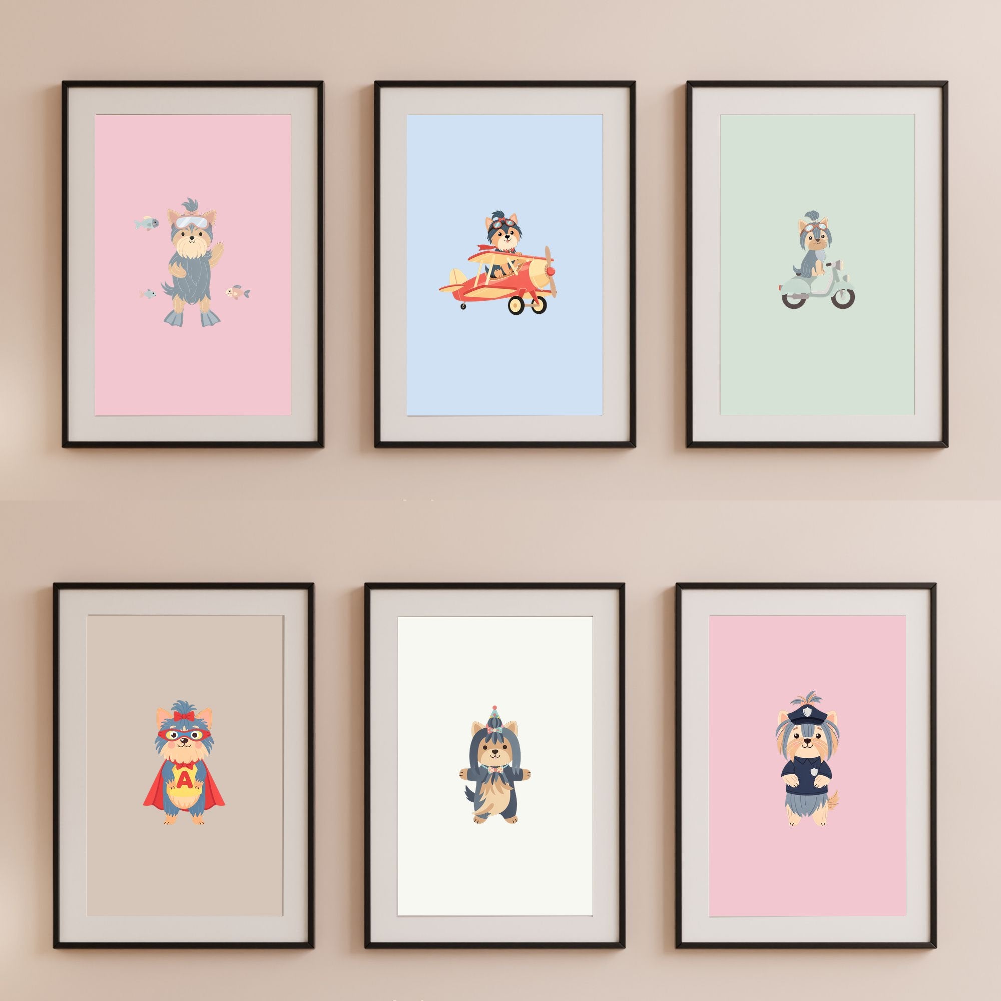 Yorkshire Terrier Kids Nursery Wall Art Print Bundle — 22 Dog Costume Designs, 5 Colours, 6 Print Sizes | Digital Download