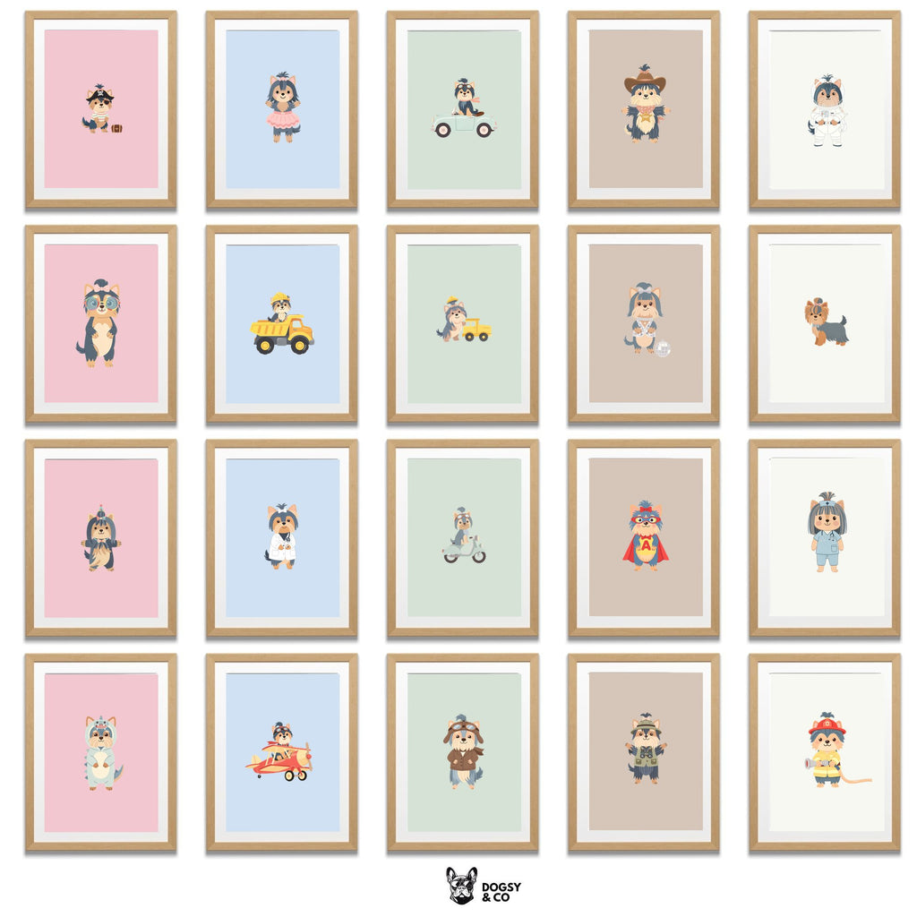 Yorkshire Terrier Kids Nursery Wall Art Print Bundle — 22 Dog Costume Designs, 5 Colours, 6 Print Sizes | Digital Download