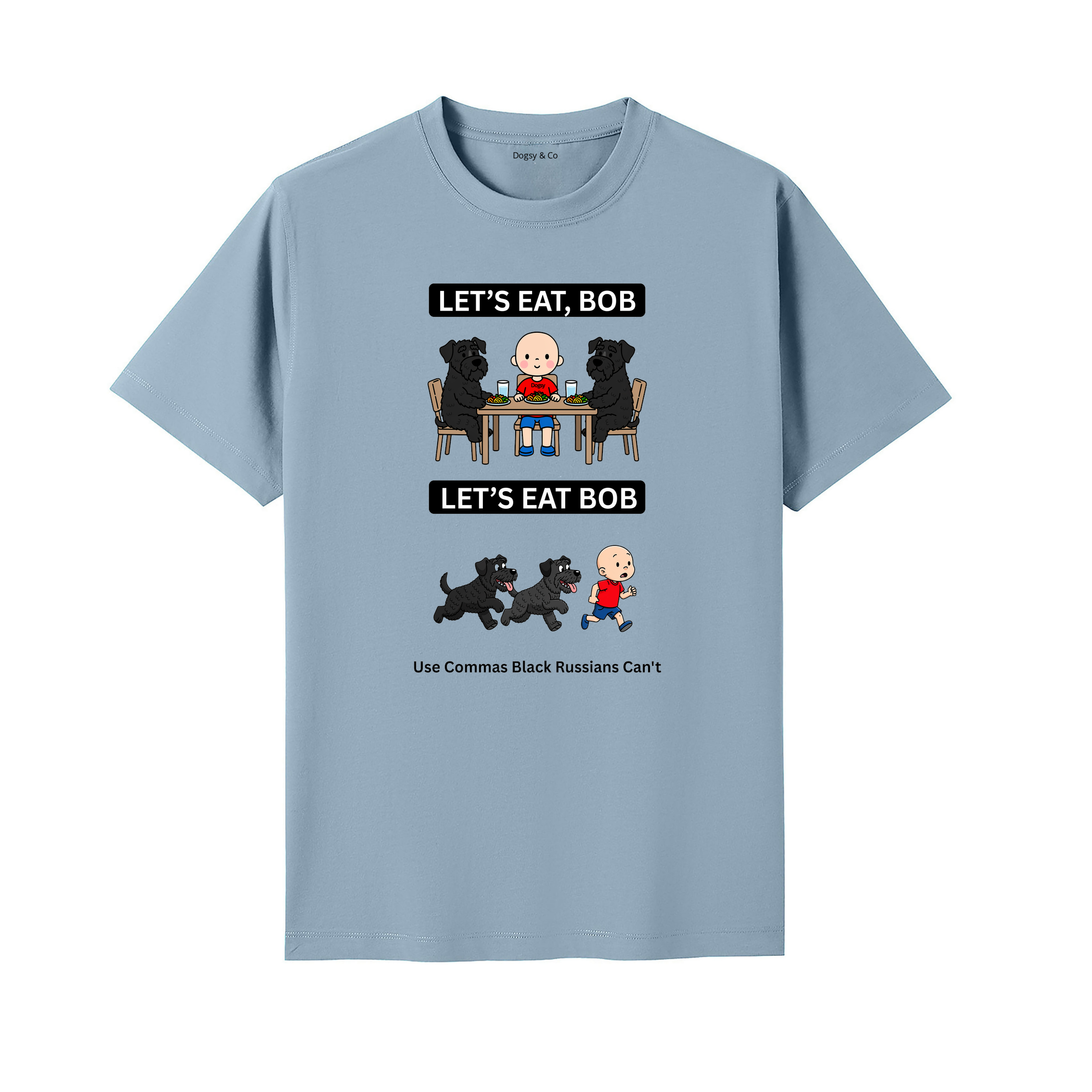 Black Russian Terrier Let's Eat Bob T-Shirt - seafoam blue