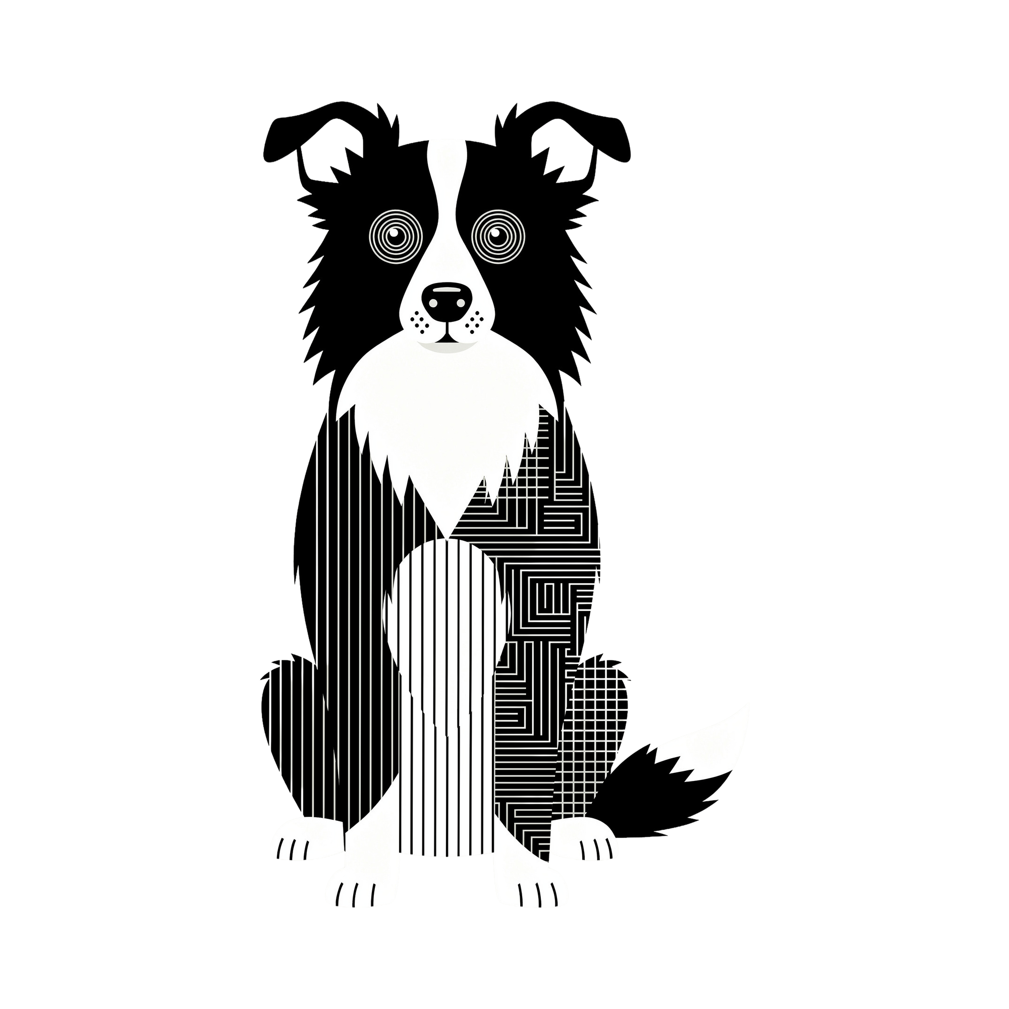 Border Collie Geometric Line Art - White