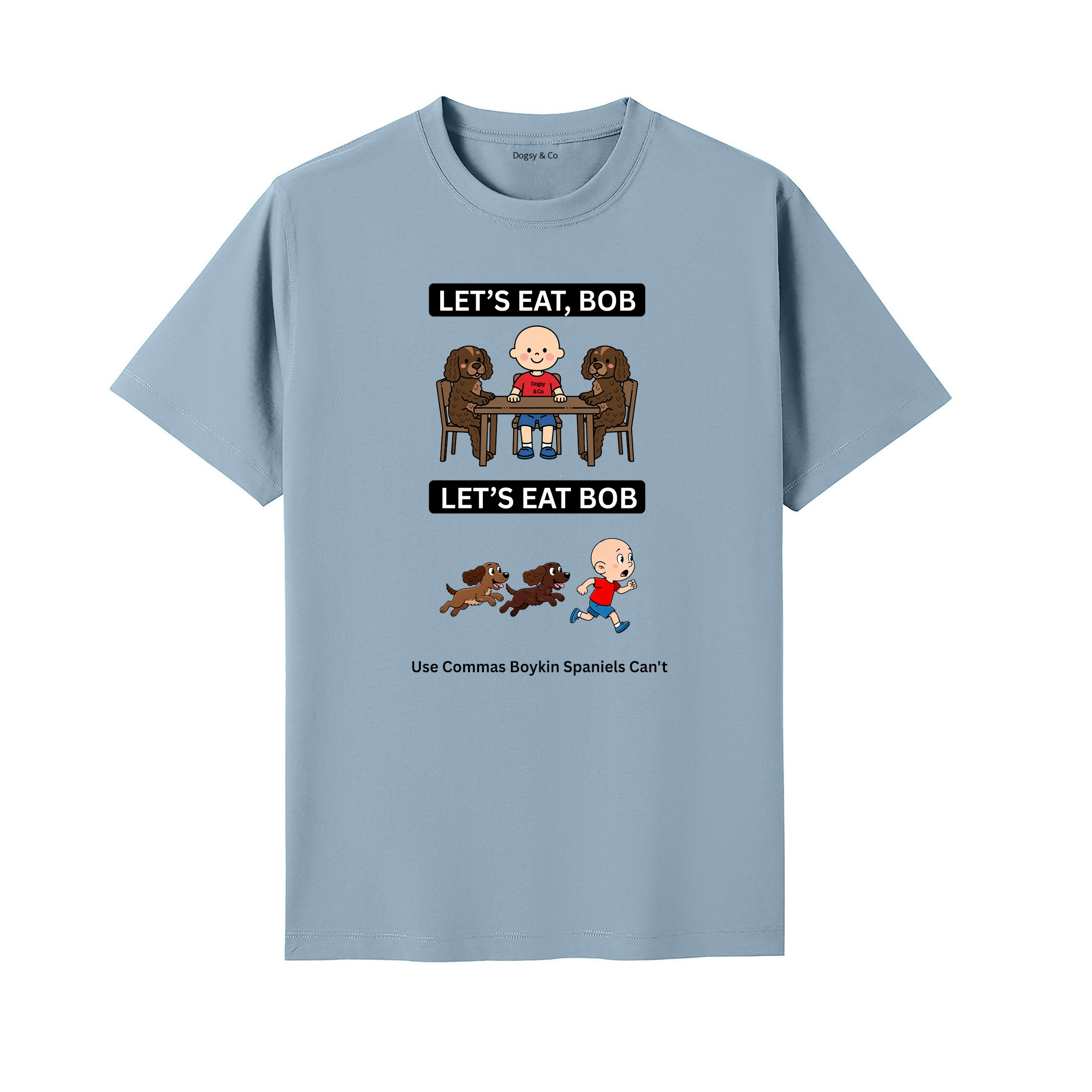 Boykin Spaniel Let's Eat Bob T-Shirt - seafoam blue