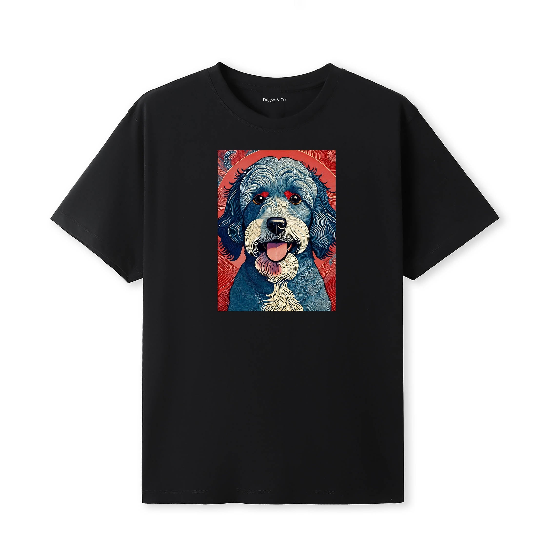 Cavoodle 5 Hokusai Dog Portrait T-Shirt V2 Black