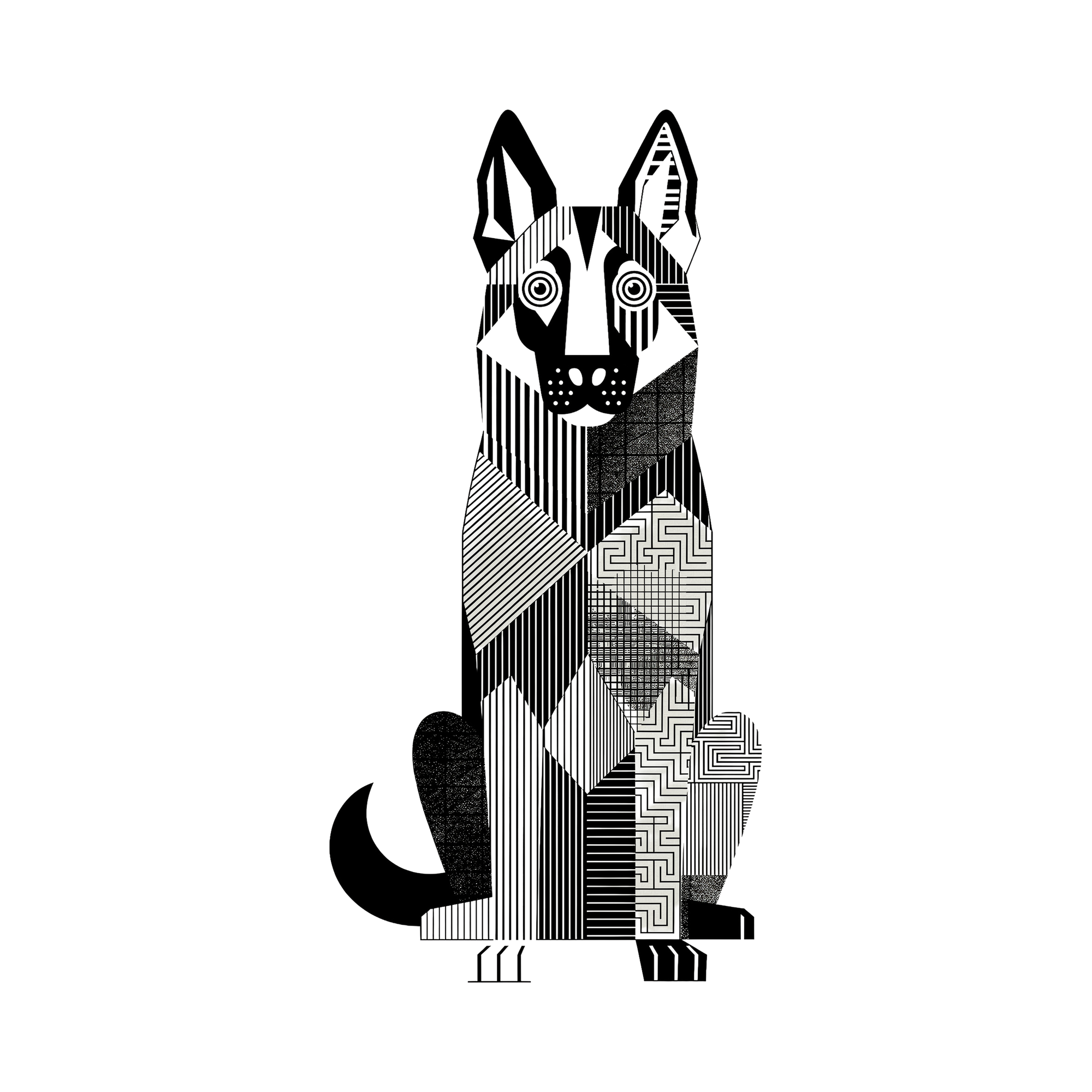 German Shepherd Geometric Line Art - White