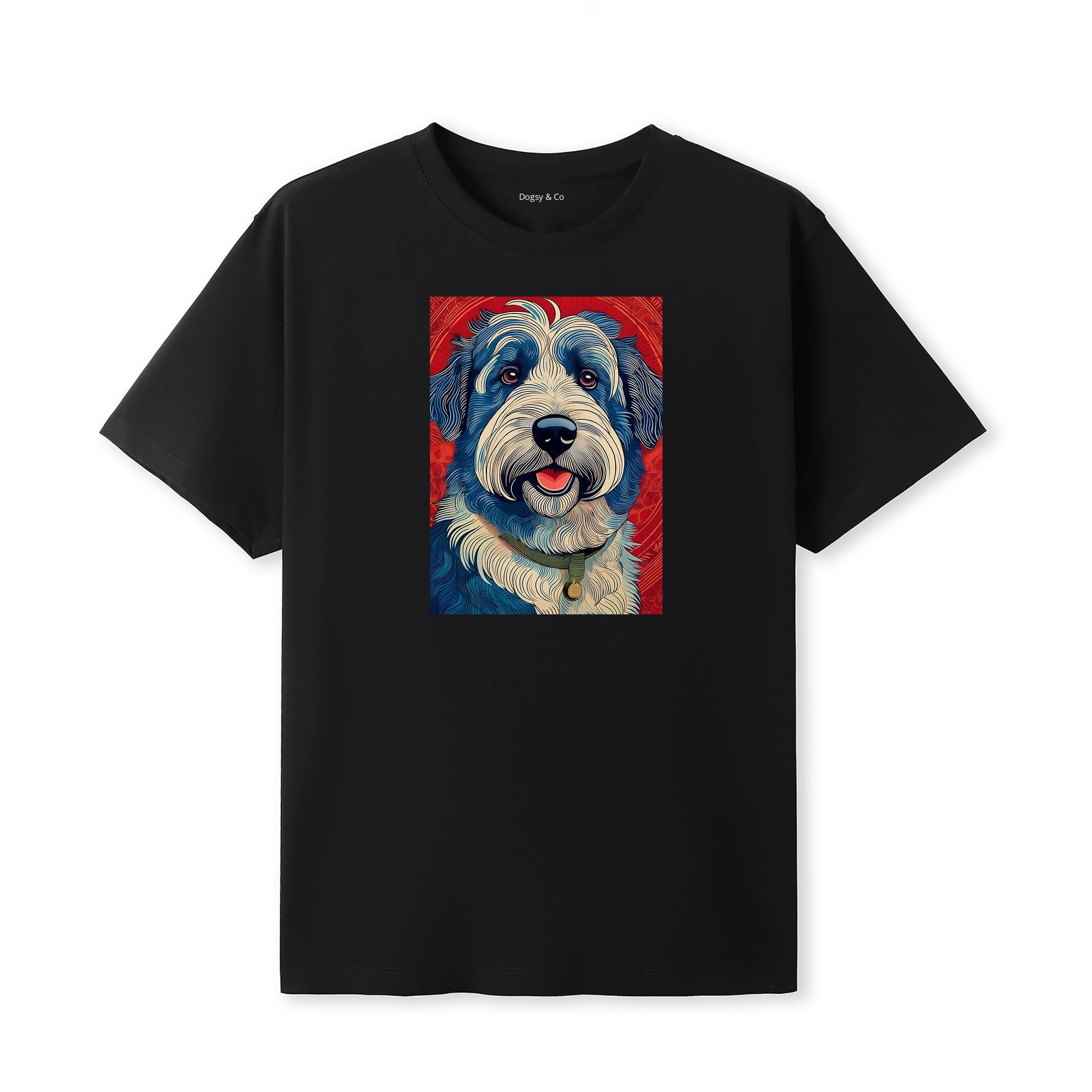 Old English Sheepdog Hokusai Dog Portrait T-Shirt V1 Black