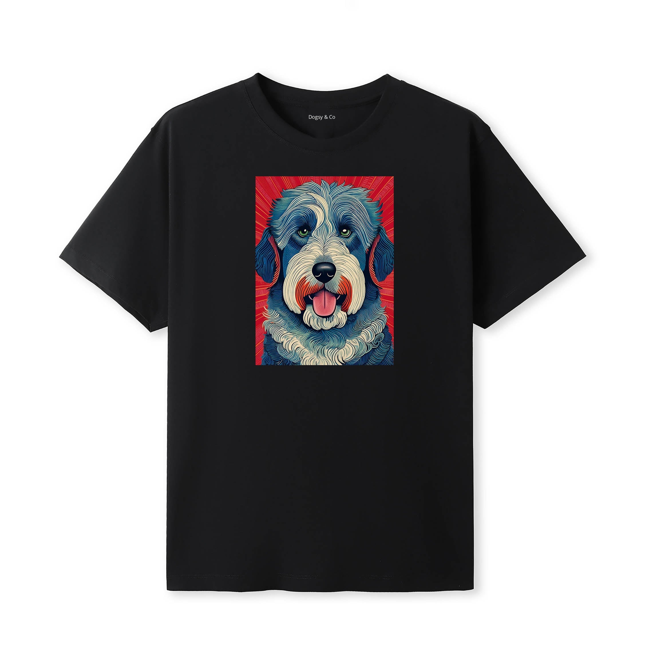 Old English Sheepdog Hokusai Dog Portrait T-Shirt V2 Black