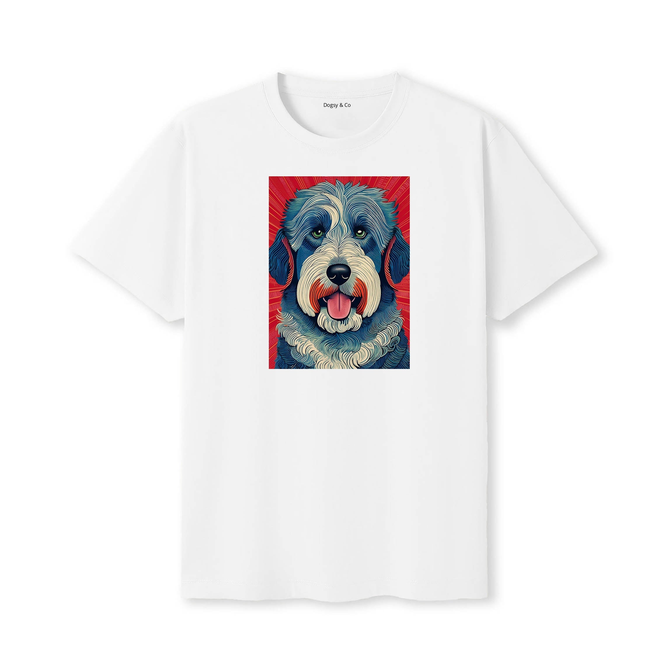 Old English Sheepdog Hokusai Dog Portrait T-Shirt V2 White
