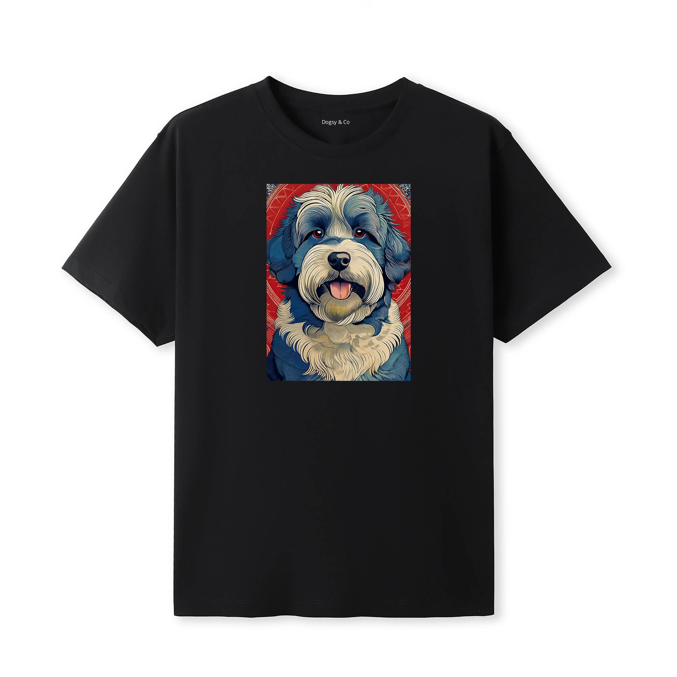 Old English Sheepdog Hokusai Dog Portrait T-Shirt Black